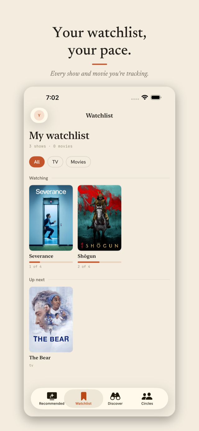 Cuelo screenshot: your watchlist, watched at your own pace